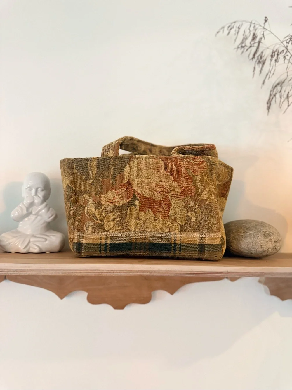 Vintage 90s Tapestry Floral Tote Bag Plaid Bottom Trim - Grandmacore 12x8”